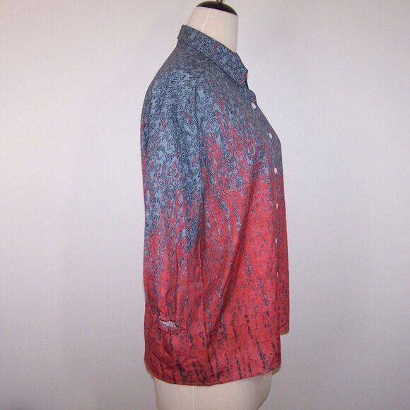 Misslook Button Up Shirt Top Womens Large Ombre 3/4 Sleeves Collared Gray Coral - Picture 5 of 10